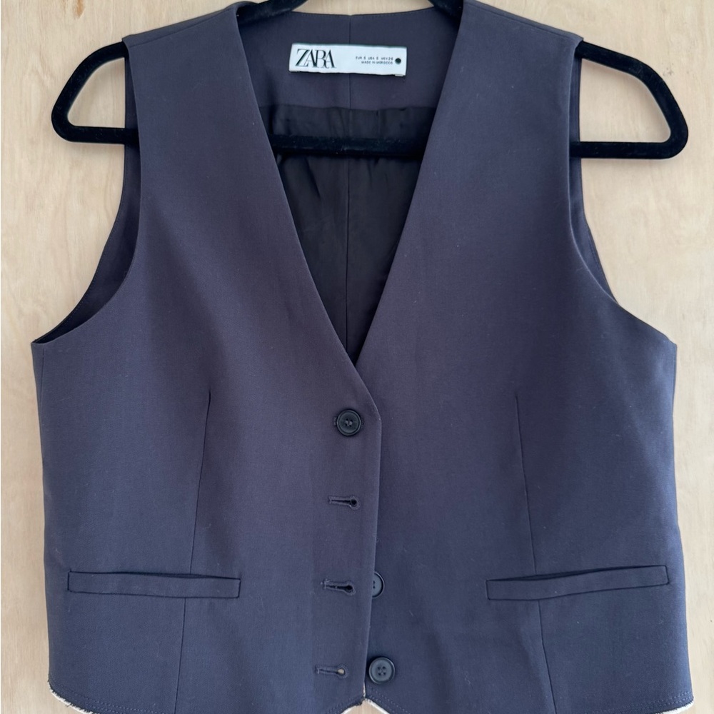 Zara Charcoal Buttoned Vest With White Deconstructed Edges